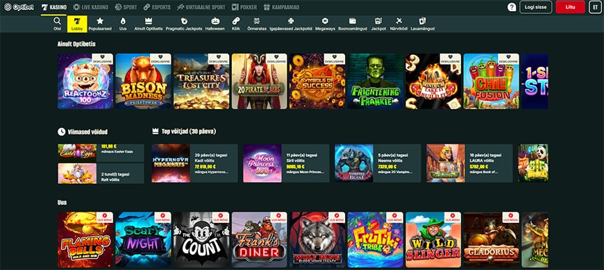 Optibet kasiino mängude valik